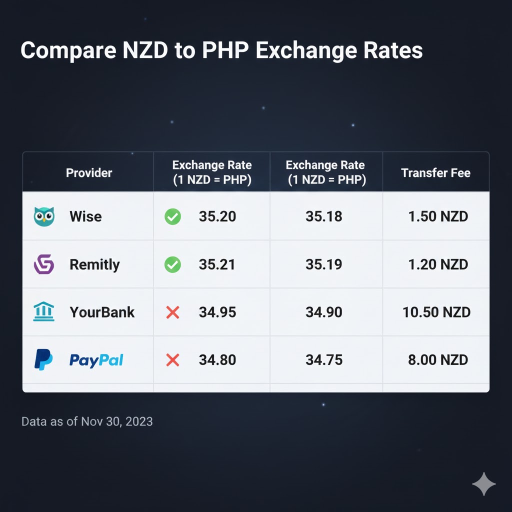 Comparing NZD to PHP exchange rate providers