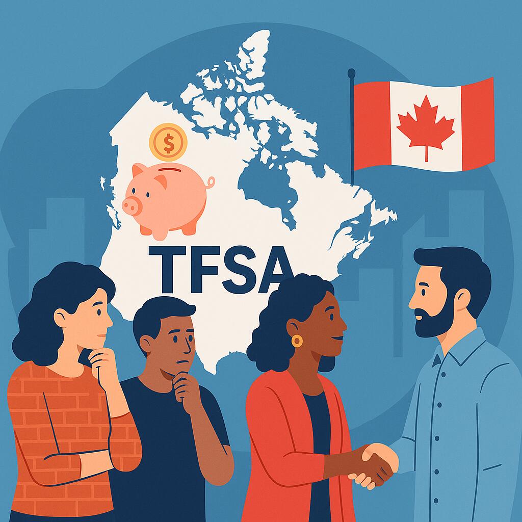 Illustration of diverse Canadian adults shaking hands with map of Canada and TFSA concept