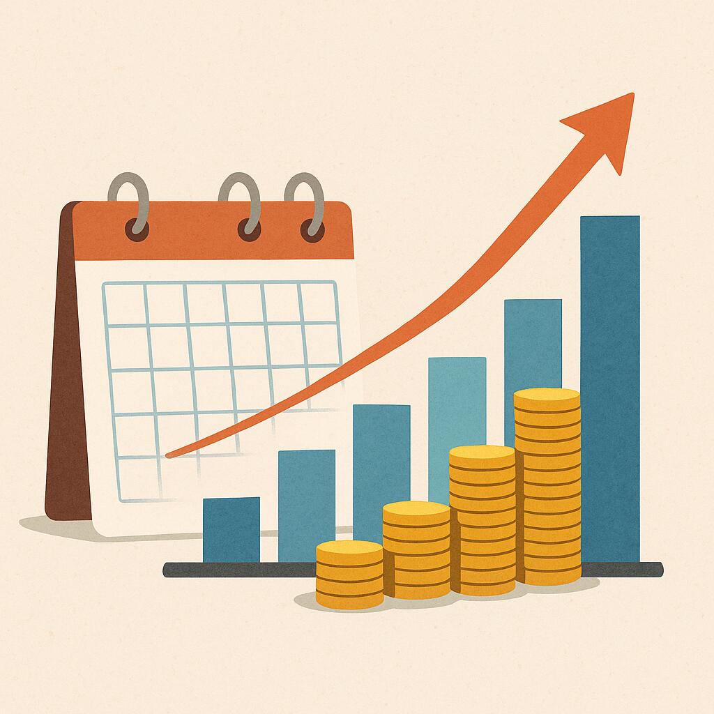 Illustration of calendar and bar chart with upward arrow and coins representing TFSA contribution room growth
