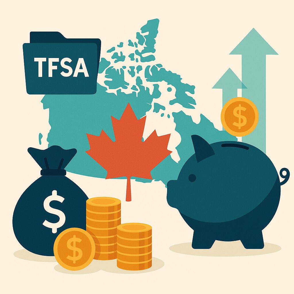 Illustration of Canada map with piggy bank, coins and rising arrows representing the TFSA contribution limit