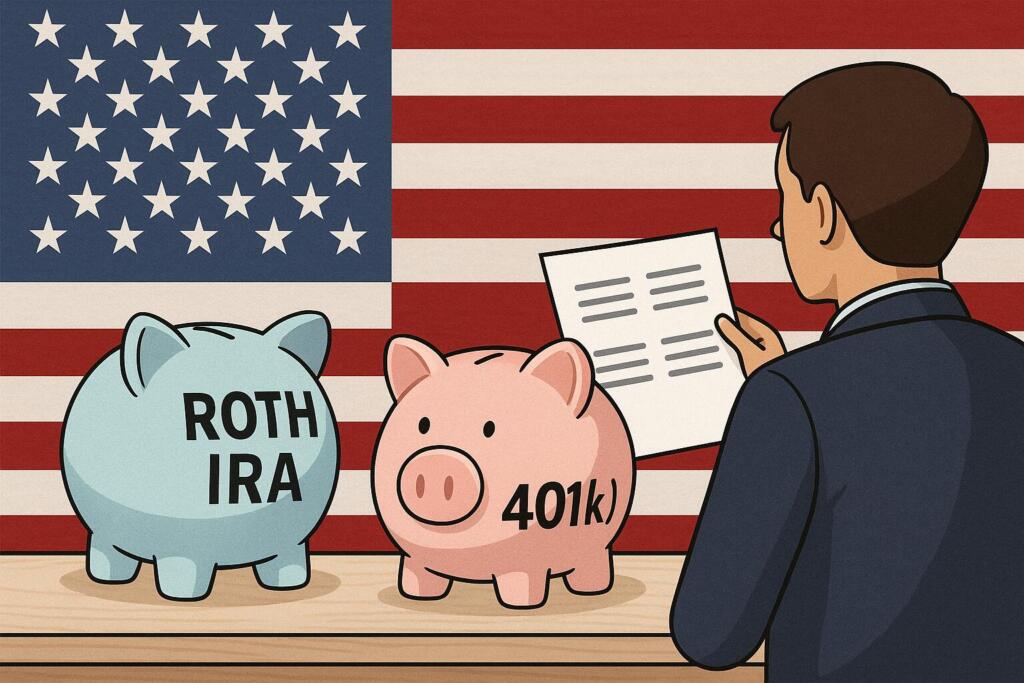 Illustration comparing Roth IRA and 401(k) piggy banks with a U.S. flag and a person reviewing documents, representing retirement account differences.